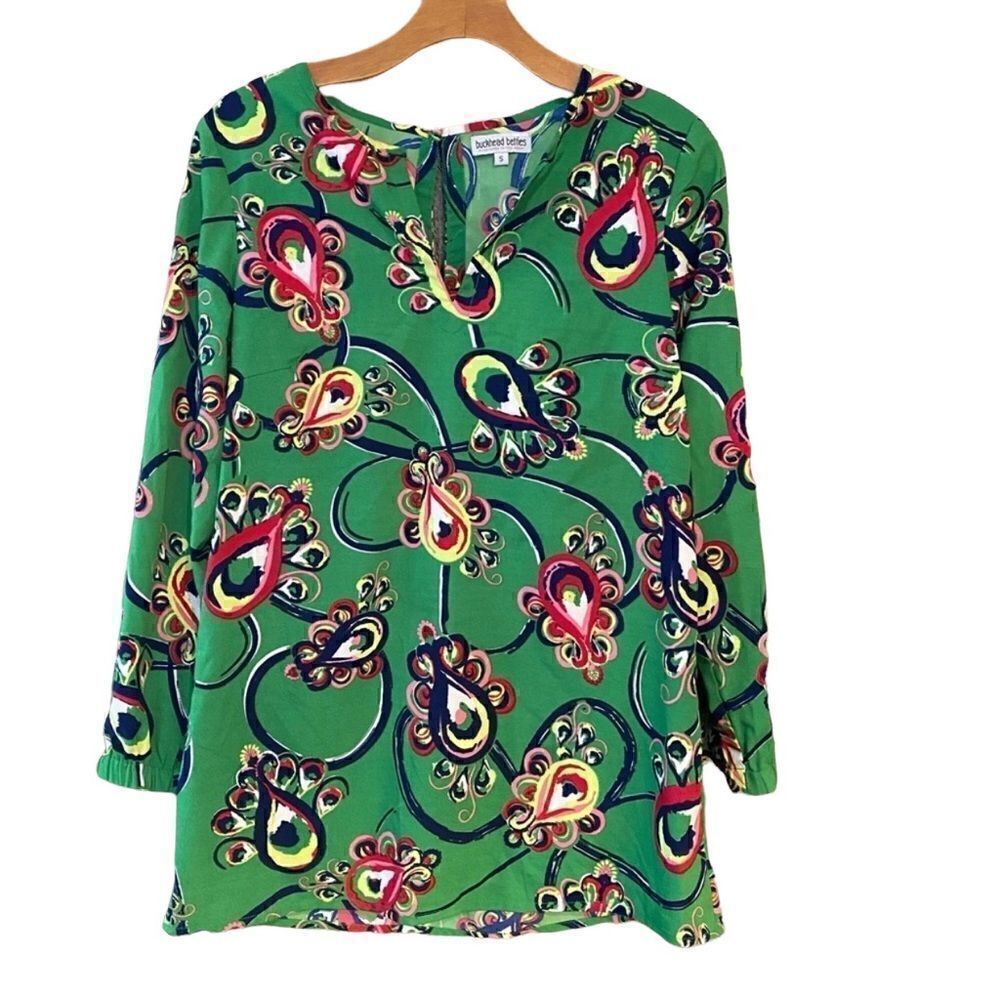 Buckhead Betties Sz S Bright Green Paisley Preppy Peacock Riley Relaxed Tunic